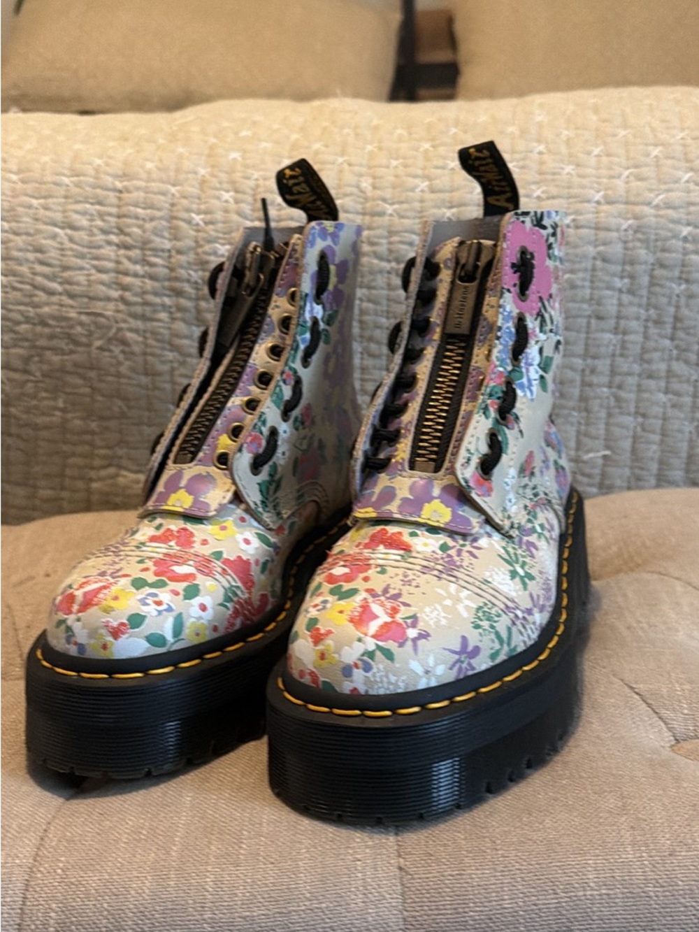 Dr. Martens Floral Platform Combat Boots - Cream/Pink/Green